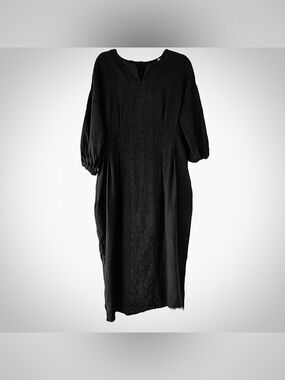 Magic Linen Handmade BALLOON SLEEVE‎ 100% LINEN DRESS BORNEO Black size XL
